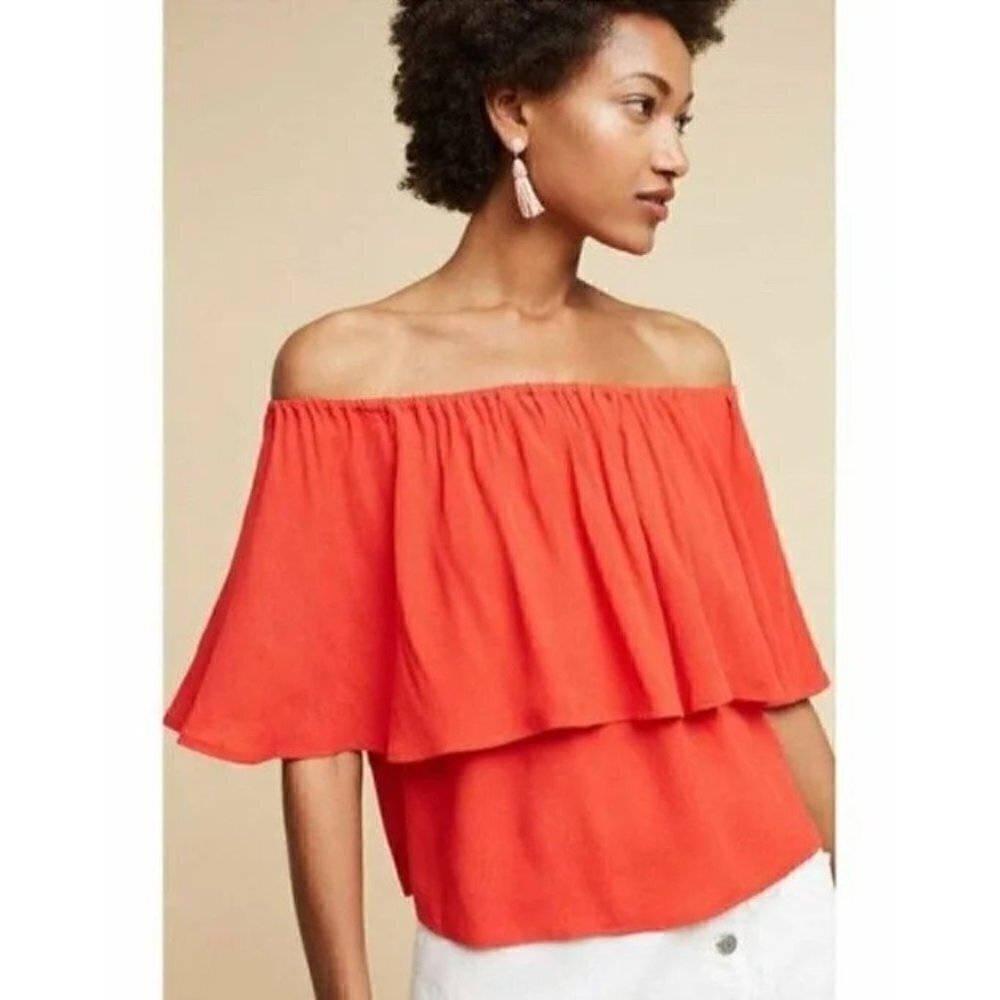 Anthropologie Holding Horses Coral Maya Ruffle Short Sleeve Blouse‎ S
